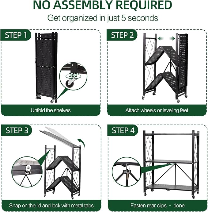 3-Tier Foldable Storage Shelf with Wheels – Heavy Duty 550 LBS Capacity, Collapsible Metal Steel Rolling Rack for Garage, Kitchen, Pantry, Office – Black - Image 4