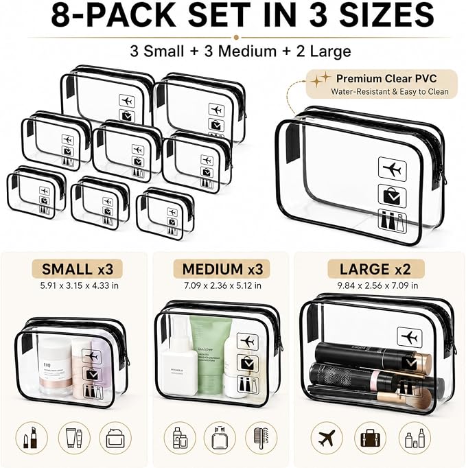 8 Pack Clear Toiletry Bag Clear Makeup Bag Zipper Toiletry Pouch | Includes 3S 3M 2L PVC Cosmetic Pouches with Zipper for TSA Toiletry Bag Set Travel Packing and Daily Organization - Image 7