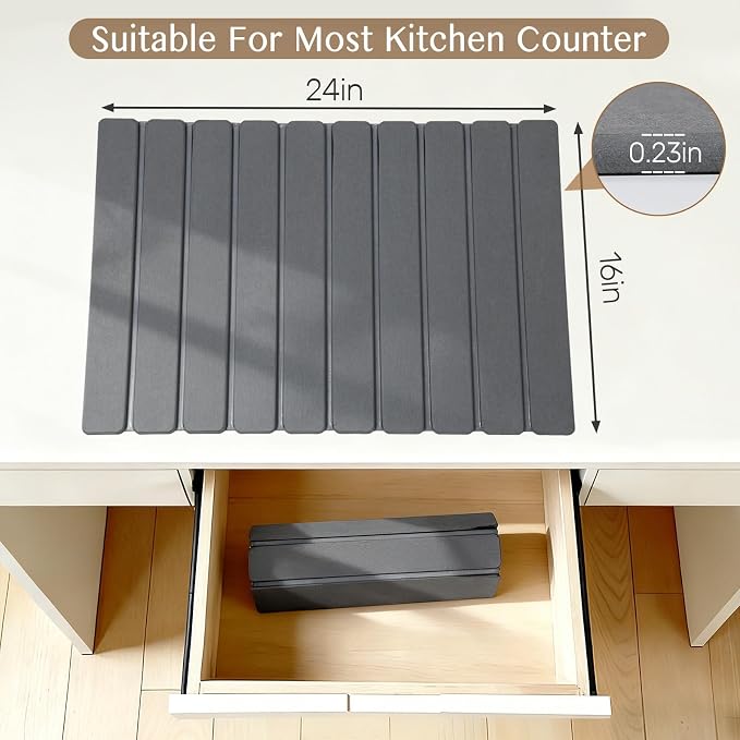 Large Stone Dish Drying Mat for Kitchen Counter, Thin & Light Quick Dry Stone Bath Mat, Foldable Water Absorbing Diatomite Drying Pad for Kitchen Bathroom Sink Countertop (Pure Gray 24"×16" & 8"x4") - Image 5