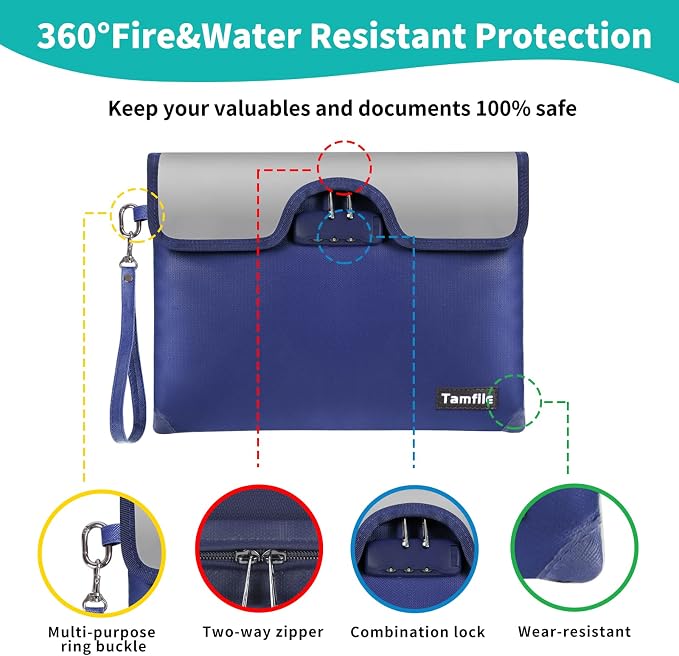 5200°F Fireproof Money Bag with Lock, Water Fireproof Document Bag with Zipper, 8 Layers Fire Insulation, Fireproof Safe Storage Pouch with Lock for Cash, Passport, Certificate(10" x 13", Blue) - Image 5