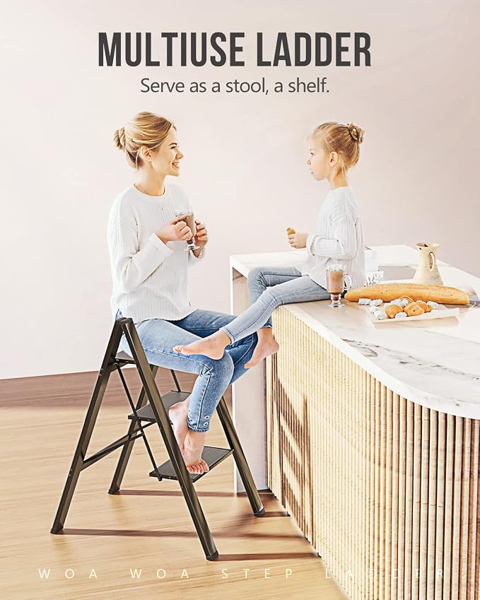 3 Step Ladder, Foldable Step Stool, 300lbs Load, Black | Folded 35''H x 2''T; Net 7.99 lbs; Rigid Aluminum Steps; No Assembly; For Home, Kitchen, Office, Pantry, Closets, Cabinets - Image 7