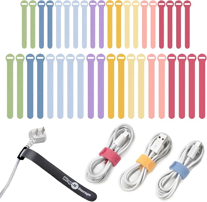 Self-Gripping Cable Ties by Wrap-It Storage - Assorted 40-Pack Macaron | Reusable Hook and Loop Cord Wraps for Home Office Desk Organization by Wrap-ItStorage