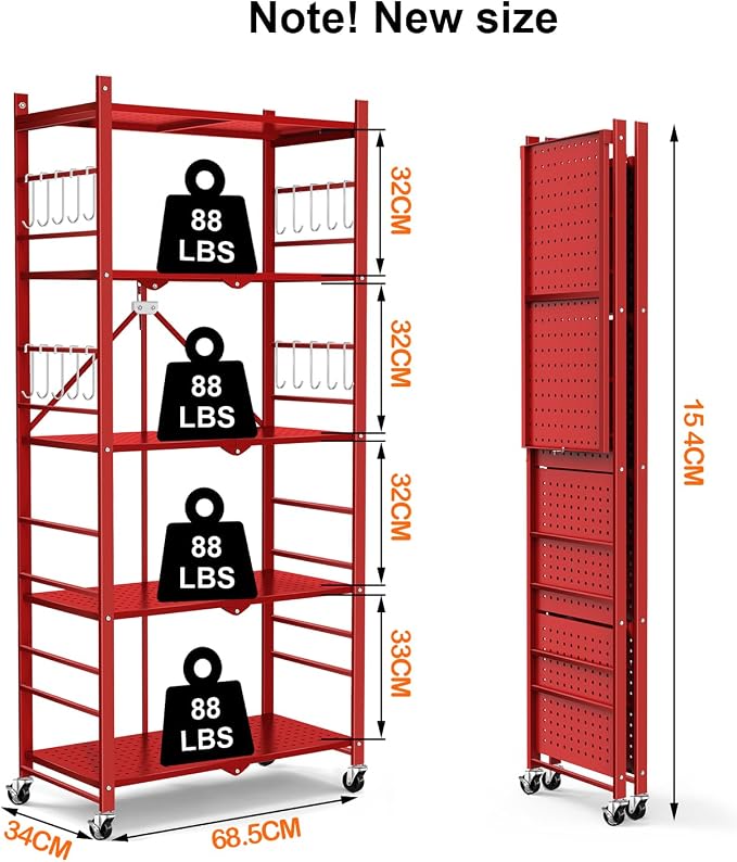 Himix 5-Tier Foldable Storage Shelf 20 Hooks Wheels Garage Red No Assembly | Folding shelving units, Metal collapsible organization, Wire shelves rack, Bookshelf, Christmas Room, Holds 440 Ibs shelf - Image 3