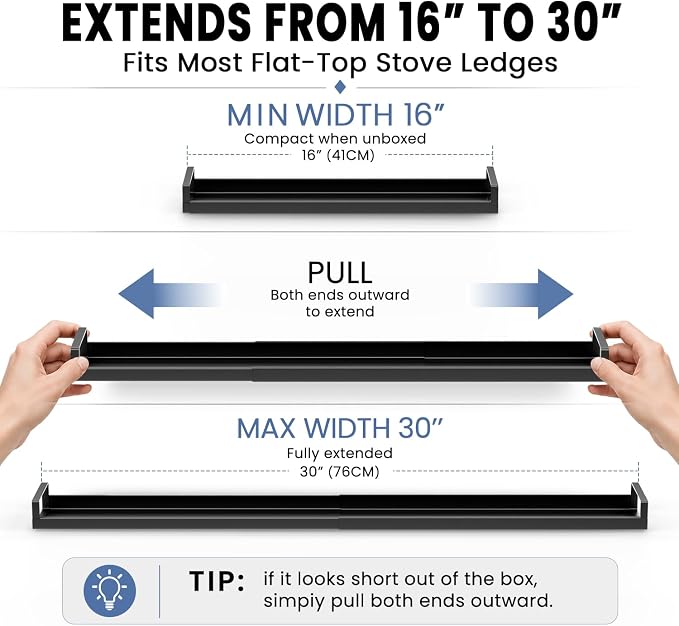Bumusty 30" Adjustable Magnetic Stove Top Shelf, Matte Black | Expandable Spice Rack with Strong Magnetic Hold for Seasoning Storage and Kitchen Counter Organization - Image 2