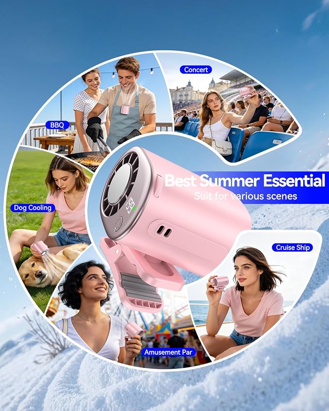Clip-On Portable Fan with Ice Cooling, 20000 RPM Rechargeable Handheld Turbo Fan, 360° Rotating Detachable Clip, Mini Stroller Fan for Baby, Compact Travel Essentials, Summer Gifts for Women,Pink - Image 8