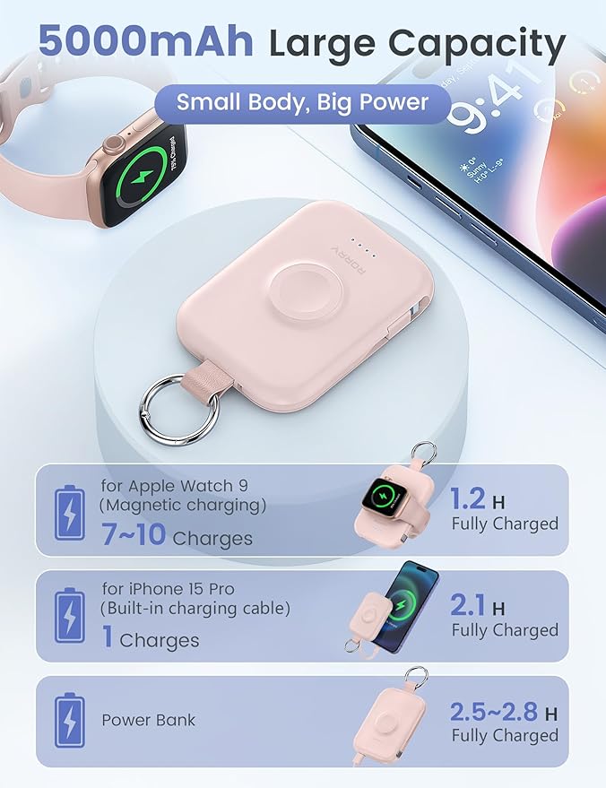 RORRY CharmGo Portable Charger, 5000mAh Portable Charger Power Bank | Built-in Cables,Travel Keychain Battery Pack Essentions for Apple Watch 1~11 Series/Ultra/SE & iPhone Air/17/16/15/14/13/12 - Image 3