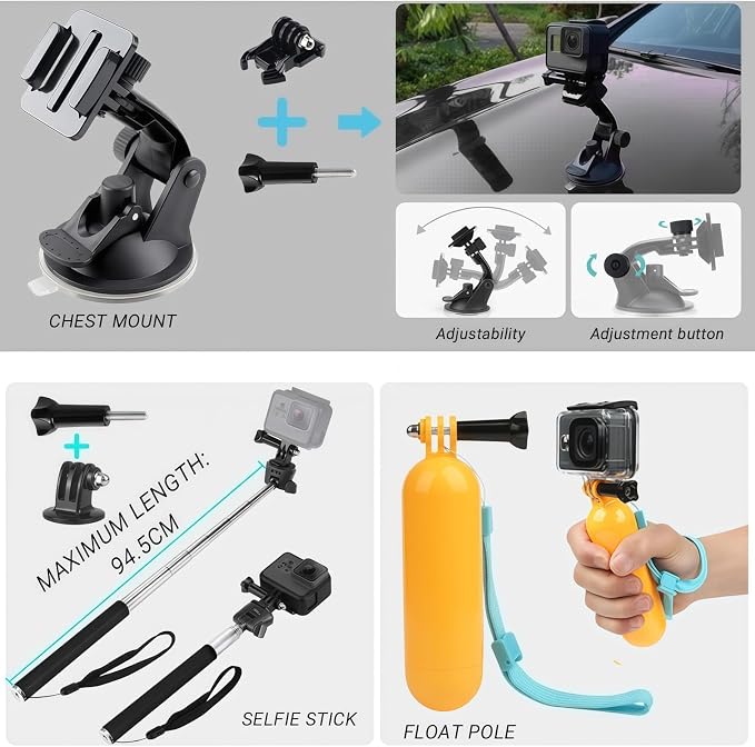 Accessories Kit for AKASO EK5000 EK7000 4K WiFi Action Camera | Accessories for Go Pro Hero 13 12 11 10 9 8 7 6 5/Session 5 SJ4000 SJ5000 Insta 360 X5 X4 Air ACE Pro 2(16-in-1) - Image 2