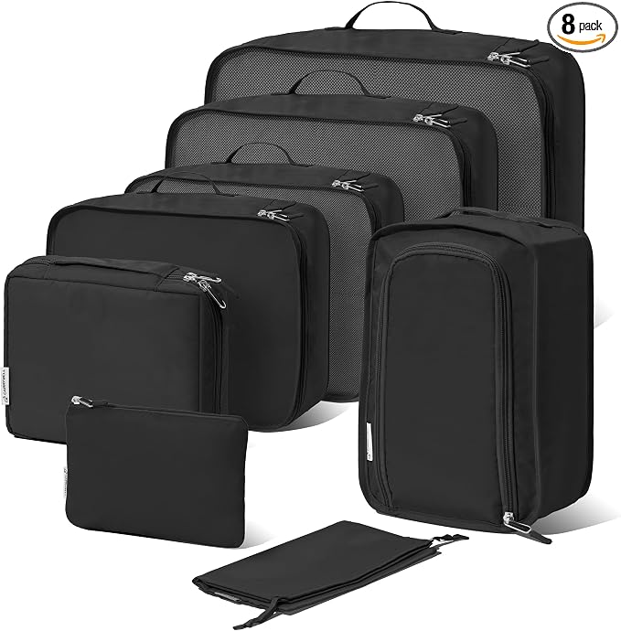 (Not Made In China) Packing Cubes For Travel, Luggage and Suitcase Organizer Bags, Carry On and Backpack Space Savers, Lightweight Waterproof Nylon, 8pc Set, Black by Carrywell