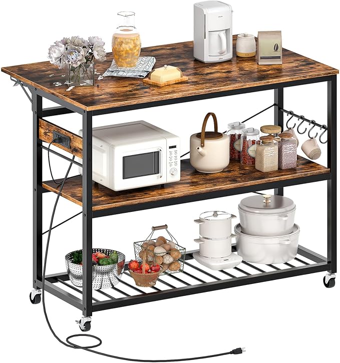 Kitchen Island with Power Outlet and Folding Top, Movable with 3-Tier Storage, Large Size, Wooden Shelves and Wine Rack, for Kitchen, Dining and Living Room, Rustic Brown and Black TZD02UBF - Image 9