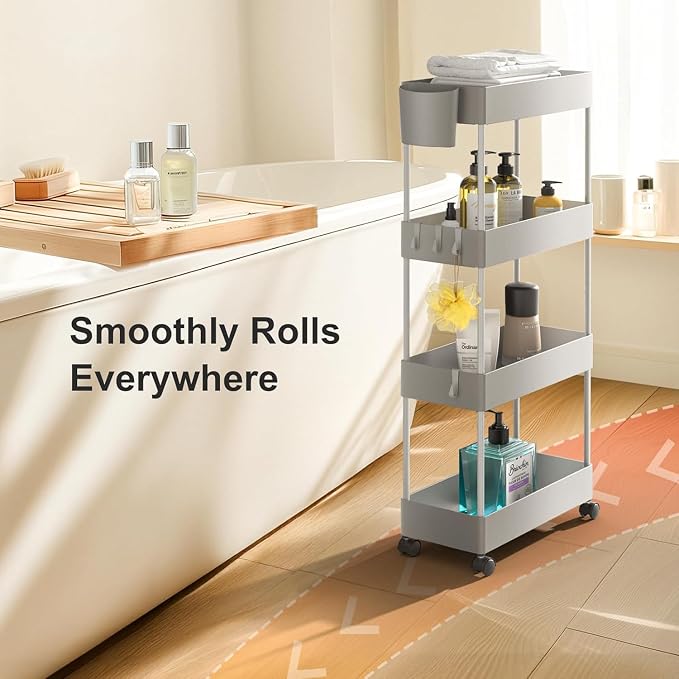 Pipishell 4 Tier Slim Storage Cart with Wheels, Laundry Cart, Gray | 7.1 Inches Wide – Fits Narrow Spaces, Storage Cup and 6 Hooks, Ventilation Holes, Durable ABS Material, Detachable Wheels - Image 6