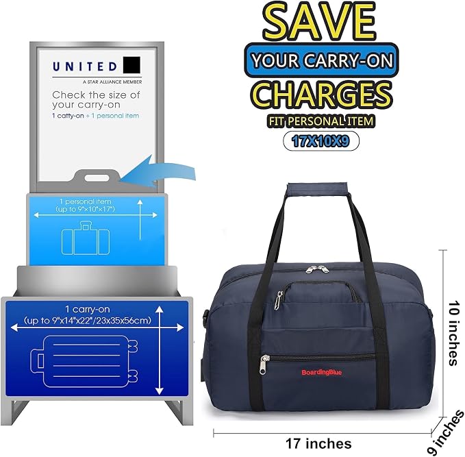 17x10x9 United Airline Personal Item Under Seat Duffel Bag With Free Pillow And USB Port (Navy) - Image 2
