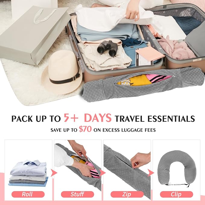 Stuffable Neck Pillow for Travel, Packable Neck Pillow (Grey-Checkerboard) | Velvet cover, Stuff with clothes to save luggage space, No extra baggage fees, Fits 5+ days travel essentials, Zipper closure - Image 2