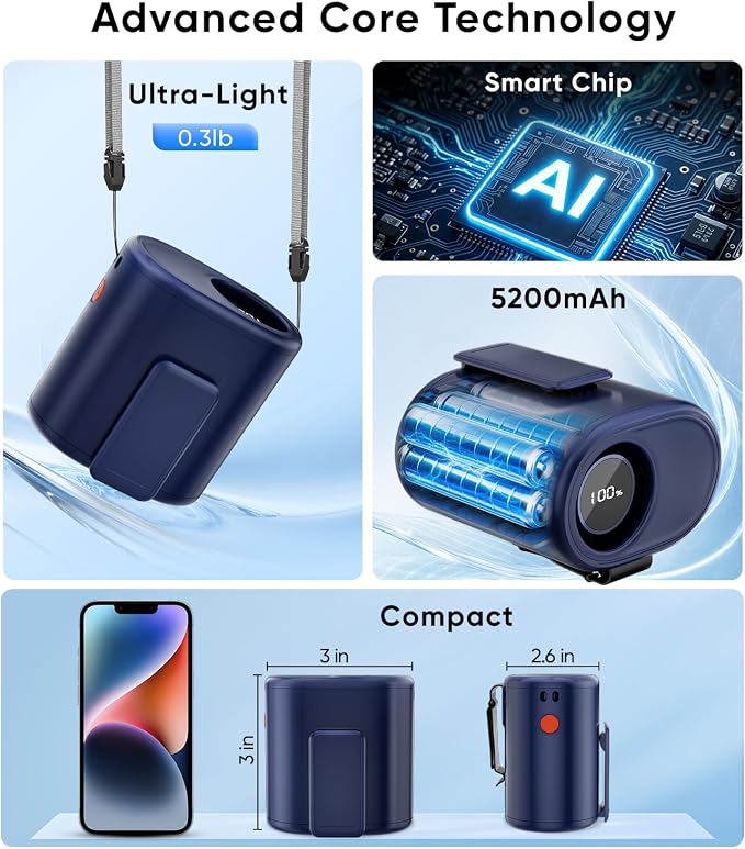AI Portable Waist Fan, 6-Speed 15,000RPM Strong Turbo Airflow, 30H Cooling Battery Powered Personal Fan Rechargeable, Wearable Hands-Free Shirt/Belt/Body Fan for Travel, Work, Outdoor, Blue - Image 6