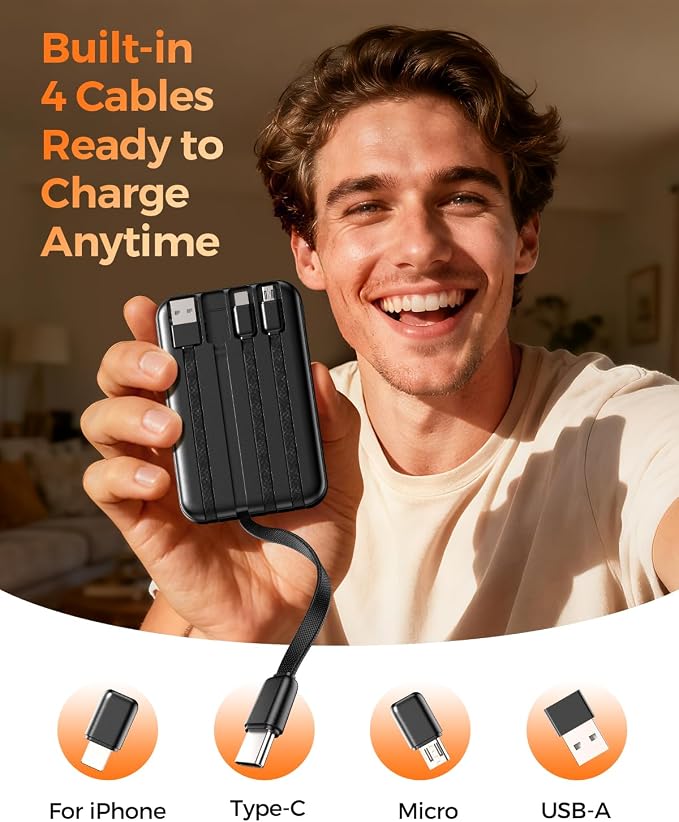 Portable Charger 10000mAh with 4 Built-in Cables 40% Smaller | Power Bank Fast Charging Battery Pack,LED Display Compact with Travel Charger for iPhone Other Devices-Black - Image 5
