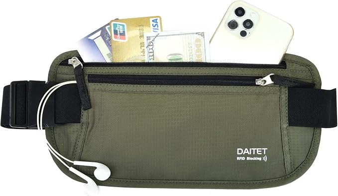 RFID Blocking Money Belt for Men Women, Slim Fanny Pack for Travel，Running,Conceal Waist Wallet for Passport Holder,Phone,Cash(Black Dark Olive Green) - Image 2