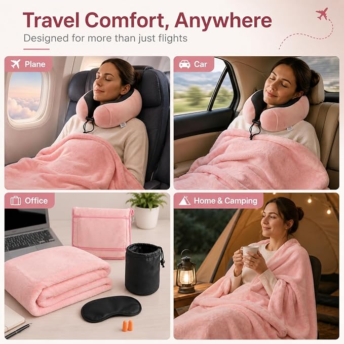 Travel Blanket and Pillow Set - Neck Pillow Airplane Essentials, Pink | Memory Foam, Sleep Mask, Earplugs with Bag, Fleece Soft Comfort for Long Plane Flight Traveling Car Road Trip Flying - Image 6