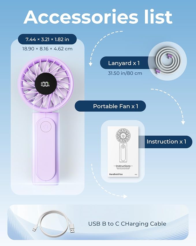 Peiyuu Portable Fan, 4000mAh USB Rechargeable, 180° Foldable Mini Desk Fan, 6 Wind Speed, LCD Digital Display, Lanyard as Neck Fan, Ultra Quiet, Pocket Size for Indoor Outdoor - Image 8