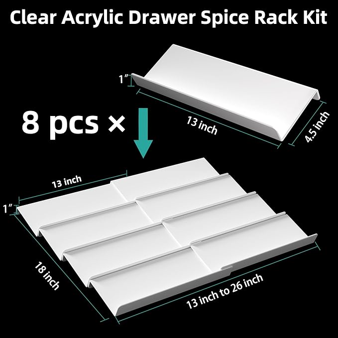 MIUKAA White Spice Drawer Organizer, 4 Tier - 8 Pack Seasoning Organizer for Drawer, Expandable From 13" to 26" Kitchen Drawer Spice Rack (Jars not Included) - Image 5