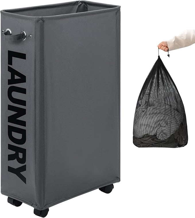 DOKEHOM 29" Enlarged Slim Rolling Laundry Basket Hamper on Wheels, Grey | Collapsible tall laundry hamper with removable mesh wash bag. Foldable narrow corner clothes storage bin for small spaces by DOKEHOM