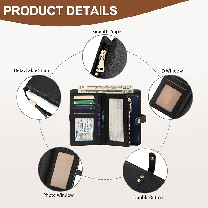 Small Wallet Women RFID Blocking Vegan Leather Slim Thin Bifold Credit Card Wallet Passport Holder Ladies Travel Wallet Mini Purse with Zipper Pocket - Image 3