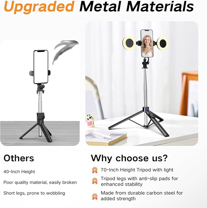 70” Phone Tripod & Selfie Stick with Light, Metal Tripod Holder with Wireless Remote,Portable Travel Selfie Stick Tripod for iPhone/Android and Gopro - Image 3