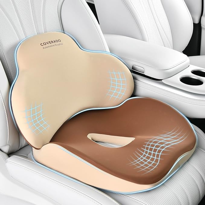 Coverado Car Seat Cushion and Lumbar Support Pillow, Memory Foam Ergonomic Back Support Driving Seat Cushion for Sciatica, Tailbone, Back Pain, Non-Slip Washable Cushion for Car, Driver, Office by COVERADOAUTO
