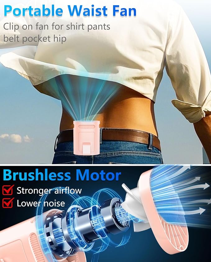 Waist Fan Clip on-Mini Lightweight Portable Fans Rechargeable Under Shirt Belt Pants Body Fans that Blow Cold Air,Waistband Cooling Fan,Powerful Small Personal Hanging Neck Cooler AC Travel Black - Image 3