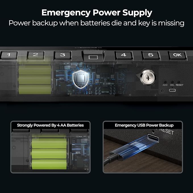ONNAIS Large Biometric Gun Safe for Handgun with Fingerprint Keypad Lock | Emergency Power Supply Gun Case Internal Light Gun Lock Box for Home, Nightstand, Bedside, and Car Use - Image 2