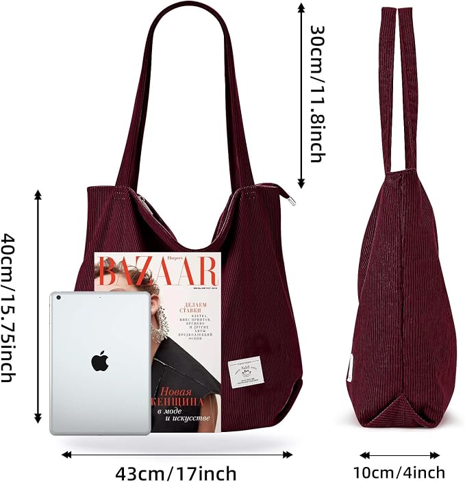 KALIDI Women Corduroy Tote Bag Zipper Casual Tote's Handbag Big Capacity Shoulder Bag with Pockets - Image 4