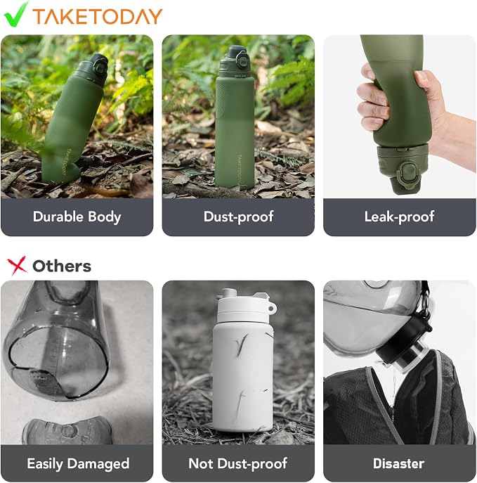 TakeToday Collapsible Water Bottles 32oz, Foldable Travel Water Bottle, BPA Free, Silicone Water Bottle Leakproof for Hiking, International Travel, Outdoors - Image 2