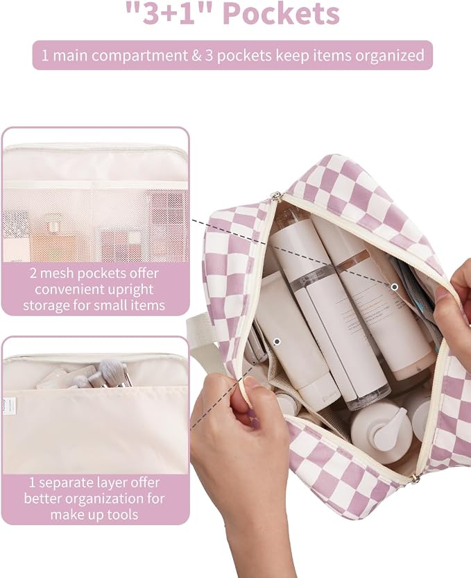 Narwey Large Checkered Travel Toiletry Bag Women Toiletries Bag Pink Makeup Bag Organizer Make up bag Cosmetic Bag Medicine Bag for Girls (Dusty Rose Checkerboard, Large) - Image 2