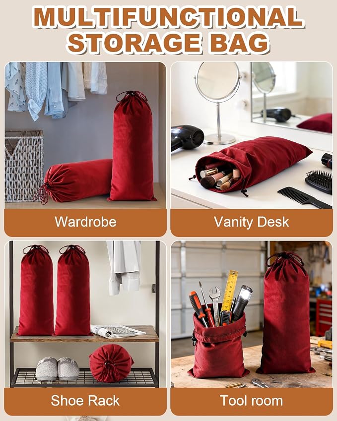 2 Pcs Single Shoe Bags for Travel, Dust Velvet Bag, Rio Red, 17.3x8.6 Inch | Washable & Reusable Travel Shoe Bags, Dustproof Shoe Bags with Drawstring Closure, Suitable for Travel, Home Storage - Image 6