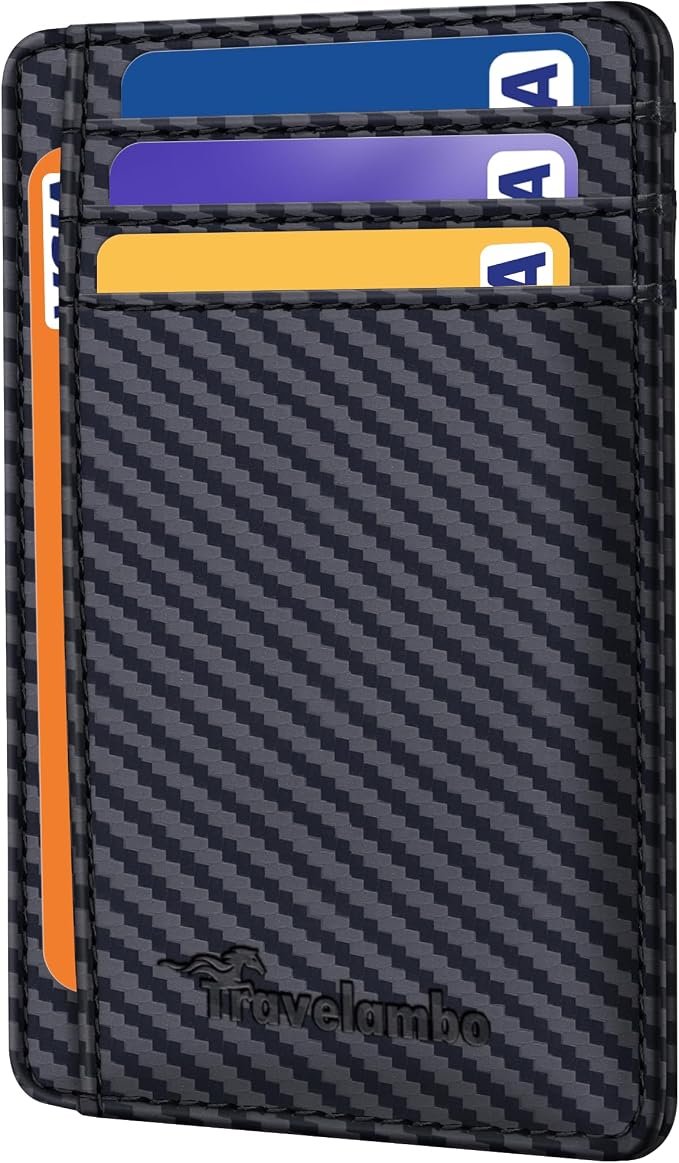 Travelambo Slim Wallet Front Pocket Minimalist Leather RFID Blocking Medium Size (Carbon Fiber Black) by Travelambo