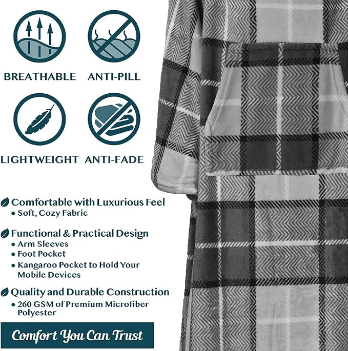 PAVILIA Fleece Blanket with Sleeves, Foot Pockets for Women Men Adults, Plush Wearable Blanket Throw Wrap, Warm Snuggle Blanket Robe, Cozy Gift Ideas Wife Mom, Plaid Dark Gray - Image 4