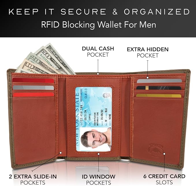 Stealth Mode Trifold Leather Wallet for Men with RFID Blocking (Camo) | Top Grain Napa Leather, 9 Card Slots, ID Window, Gift Box – Gift for Dad, Husband, or Son - Image 2