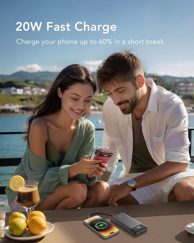 charmast Portable Charger Built-in Cables, 20000mAh Power Bank 6-Output | Travel Fast Charging Battery Pack for iPhone 17/16/15 Samsung Android, Flight-Approved, Multi-Device, USB-C & USB-A, LED % - Image 4
