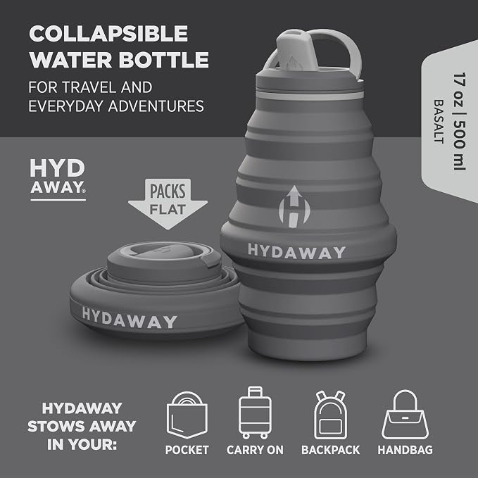 HYDAWAY 17oz Collapsible Water Bottle, Packable Leakproof for Travel | Travel-first design. Fold flat to 1.5 in for carry-ons, purses, seatbacks. Leakproof, BPA-free, dishwasher safe. - Image 2