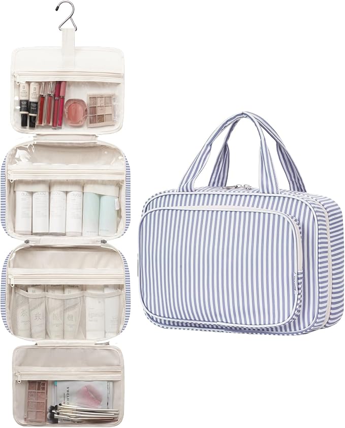 Narwey Striped Travel Toiletry Bag for Women Large Hanging Makeup Bag Organizer Toiletries Bag for Full Size Essentials Accessories Cosmetics (Greyish Blue Stripe (Large)) - Image 4