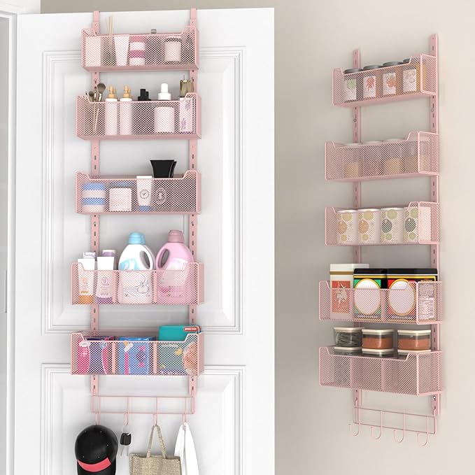VyGrow Over The Door Organizer, Metal Door Organizer Hanging with 5 Adjustable Baskets and Coat Hook, Behind The Door Storage for Bedroom Closet Bathroom Pantry Cabinet Kitchen, Pink by VyGrow
