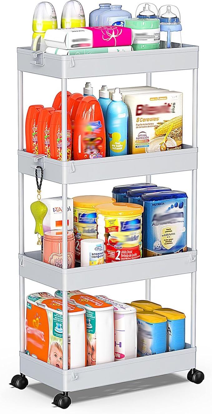 SPACEKEEPER 4 Tier Rolling Cart, Bathroom Cart Organizer with Wheels, Gray | Mobile Storage Cart for Laundry Room Organization,Kitchen,Office,Bathroom, Utility Cart for Snack,Craft,Art,Makeup,Nail,Toys by SPACEKEEPER