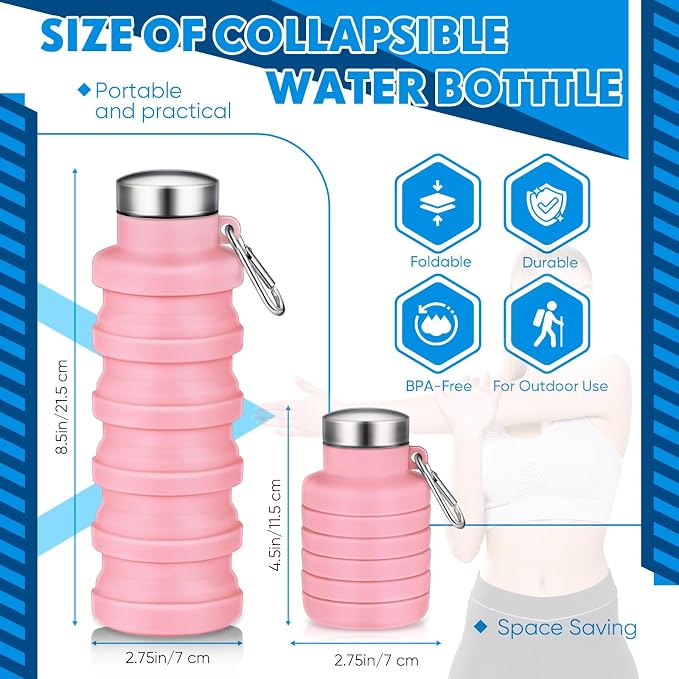 Baderke Collapsible Water Bottles 17oz Travel Sports Portable Water Bottle with Portable Buckle Silicone Lightweight Reusable Leakproof for Camping Hiking Yoga Outdoor(Pink) - Image 2