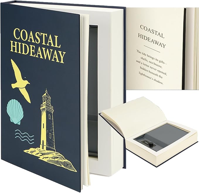 Large Decorative Book Safe with Combination Lock, 10.82"×7.67"×1.77" Hidden Storage Diversion Box for Cash, Phone, Passport, Valuables – Home Office Bookshelf, Coastal Hideaway by UWILLION