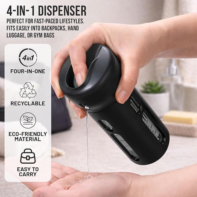 Travigo 4-in-1 Travel Dispenser Bottle Set, TSA Approved, Leak Proof, Reusable 1.4 oz. (40 mL) Toiletry Containers for Shampoo, Conditioner, Soap, Lotion, Skincare (2 Pack, Black & Gray) - Image 3