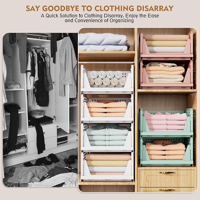 Upgraded Closet Organizers and Storage, Stackable Closet Organizer Basket | 5 Pack Foldable Closet Storage Bins for Bathroom Laundry Room Wardrobe Storage, Space-Saving Clothes Drawer Organizer - Image 8