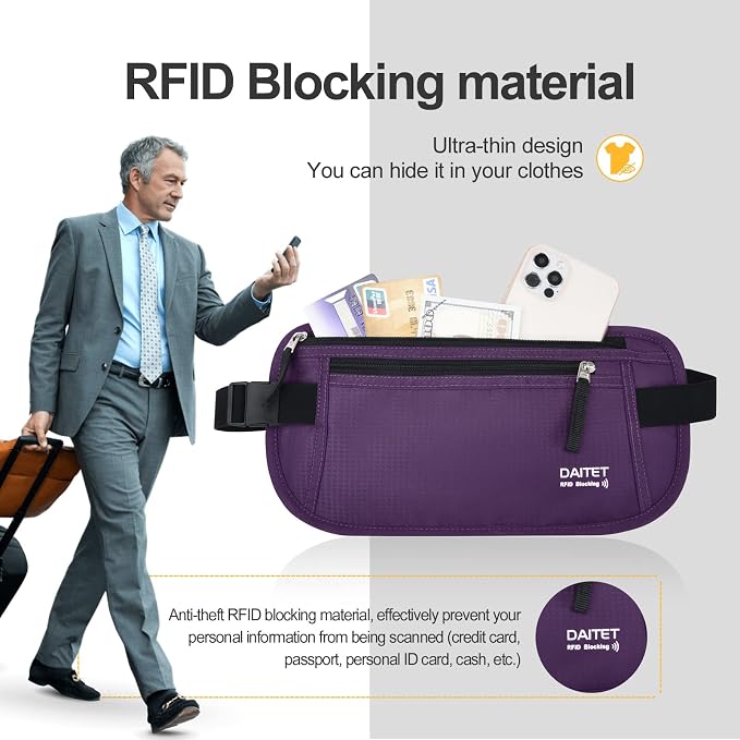 RFID Blocking Money Belt for Men Women, Slim Fanny Pack For Travel，Running,Conceal Waist Wallet For Passport Holder,Phone,Cash(Dark Purple), Dark Purple, Rfid Blocking & Belt Wide:1inch - Image 3