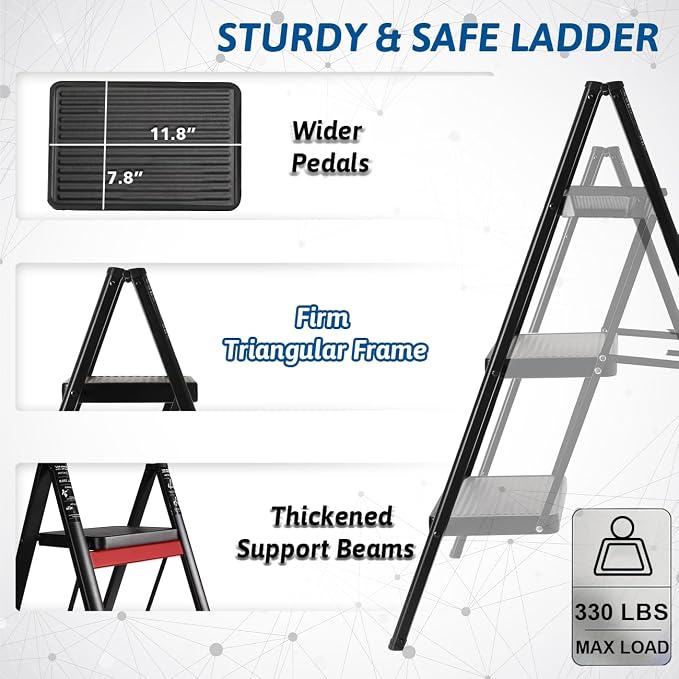 Double Elite Folding 3 Step Ladder, Sturdy 330 Lbs Load Small Step Stool for Adults, Safer Full Steel Multi-use Kitchen Ladder for Home, Closet Step Stool Ladder with Wide Pedals, Black, 3-Step - Image 3