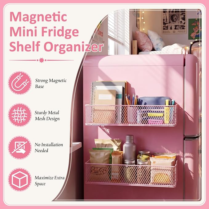 FoldTier 2 Pack Pink Magnetic Basket Dorm Mini Fridge Shelf Organizer Kitchen Storage Bin Container Spice Holder for Locker Refrigerator Pantry Dorm Essentials (13.8 x 3.1 x 4.9 Inch) - Image 3