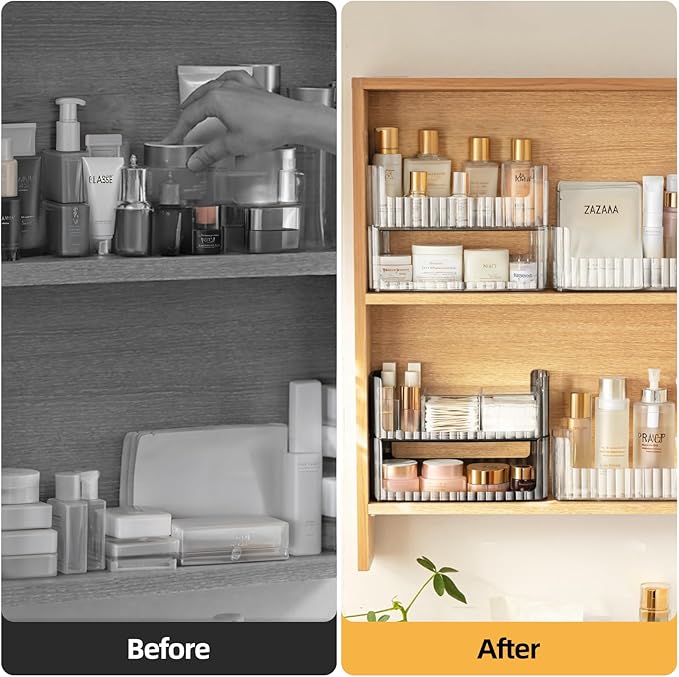 PAVSTINE 2-Tier Stackable Medicine Cabinet Organizer, Narrow Bathroom Makeup Organizer with Lipstick Holders & Cotton Swab Cases, Clear Countertop Shelf for Mirror Cabinet and Vanity - Image 6
