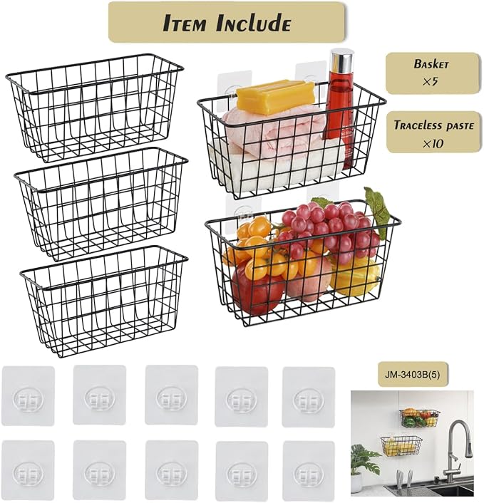 JUNCHU CHERRY 5 Pack Hanging Storage Basket, Bathroom Basket, Household Goods, with Traceless Tape, no Drilling, for Cabinet Storage, Kitchen, Bathroom, Storage Room,Black - Image 3