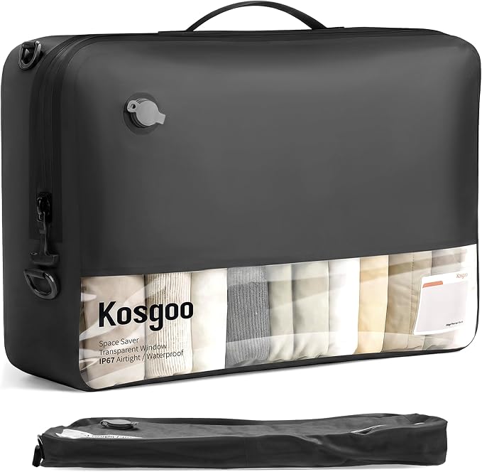Vacuum Seal Bags for Travel 180° Open Compression Packing Cubes for Carry-on Luggage, IP67 Waterproof Space Saver Storage Bag (1 Pack No Pump, Black) by KOSGOO
